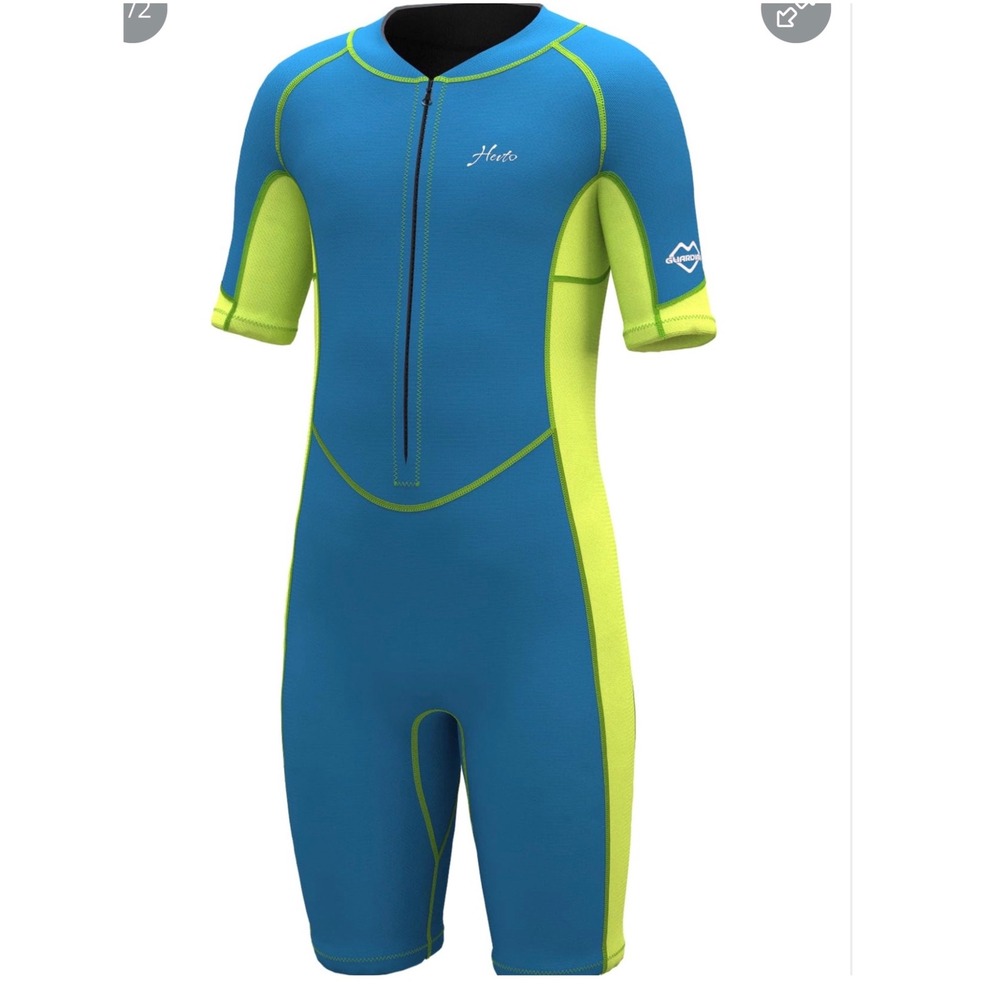Hevto Kids Wetsuit Shorty Blue Lime Green 2mm Neoprene Front Zip Size 12 Youth